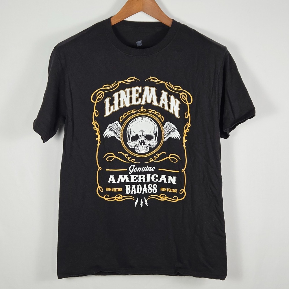 Hanes Mens Lineman Graphic T-Shirt Medium American Badass Biker Skull Black Tee
